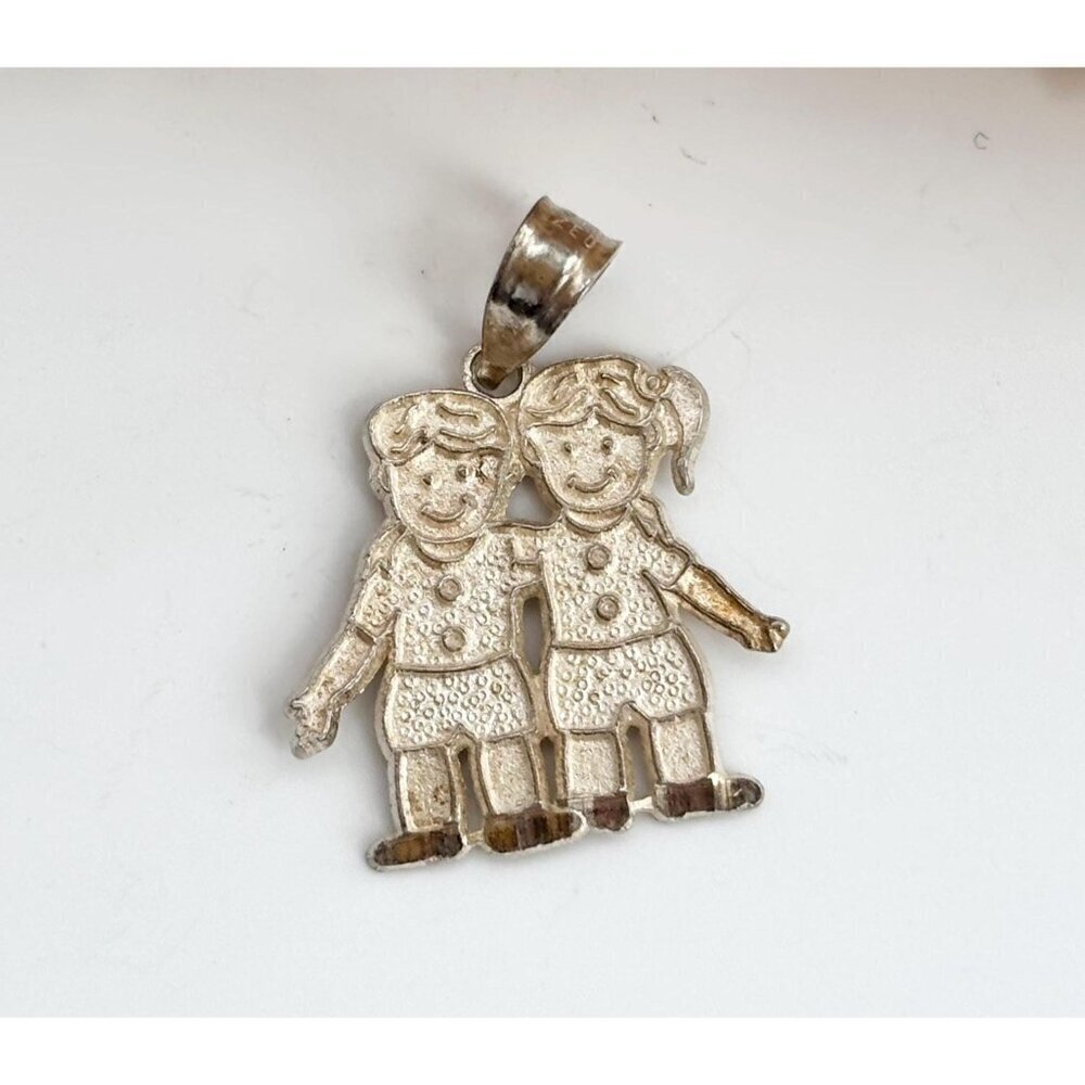 Boy & Girl Hand Carved Mexican Inspired Silver Toned Vintage Pendant | Charm